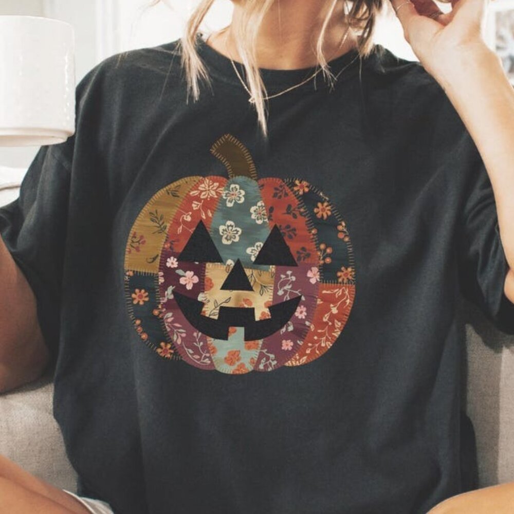Patchwork Pumpkin Shirt, Boho Fall Aesthetic Shirt - image 1